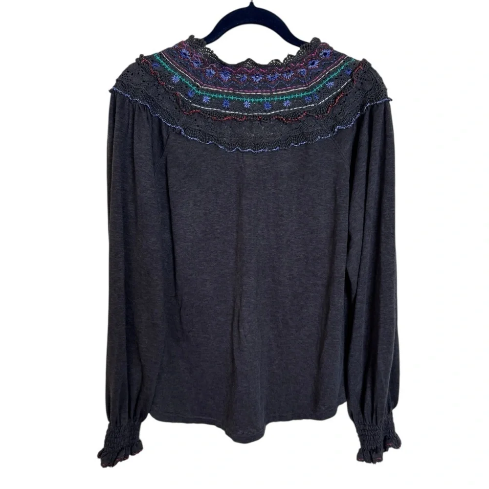 Free People Siesta‎ Fiesta Long Sleeve Boho Y2K Embroidered Top Size Small